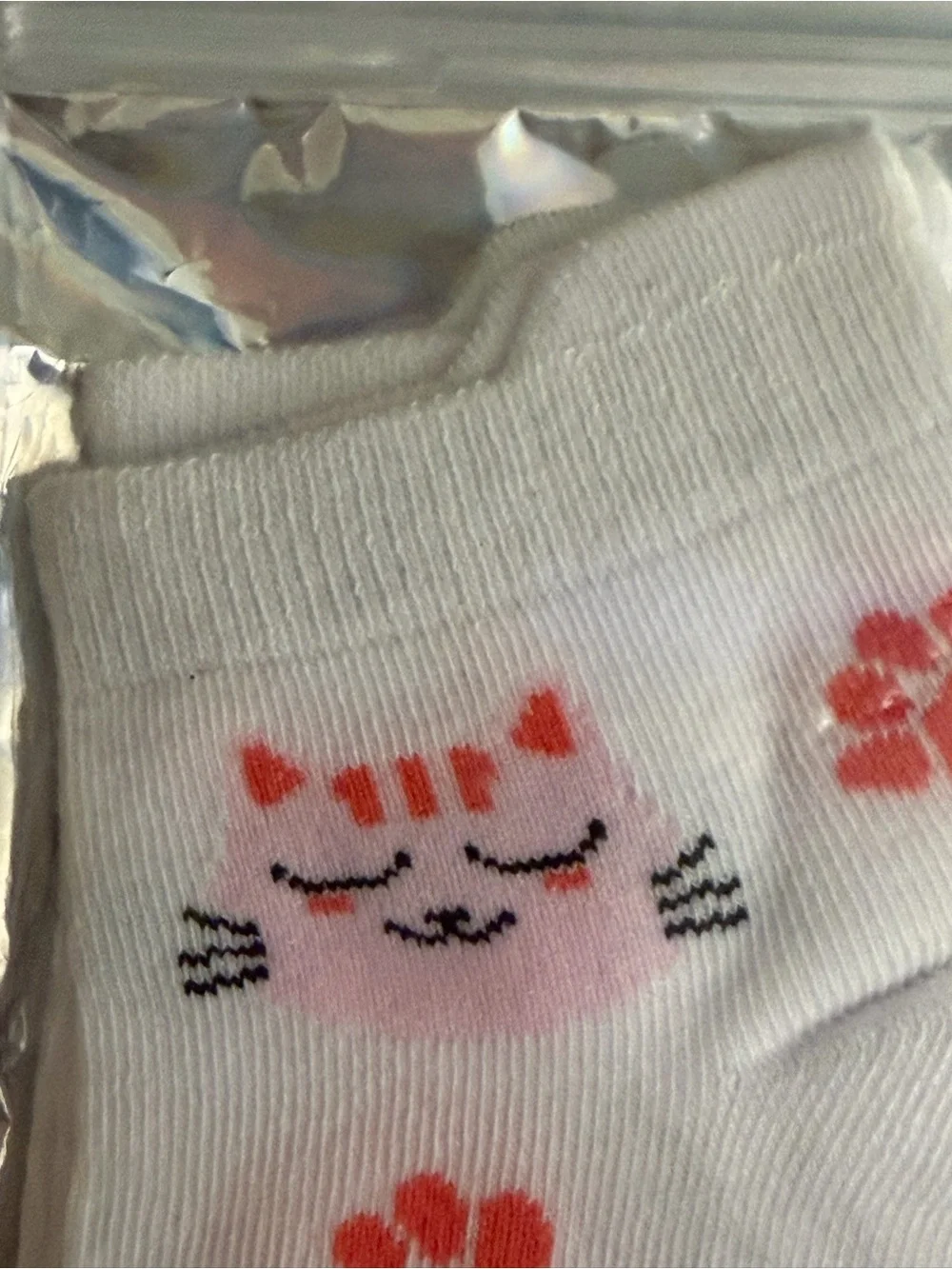 White Crew Socks with Pink Cat Face and Coral Paw Prints